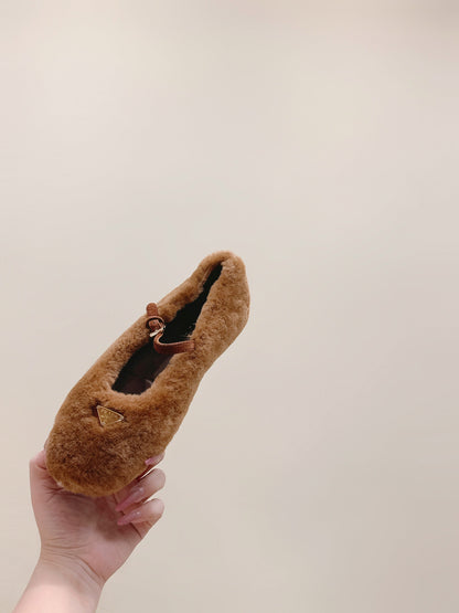 PRADA 25S MARY JANE BALLET FLATS IN BROWN FUR