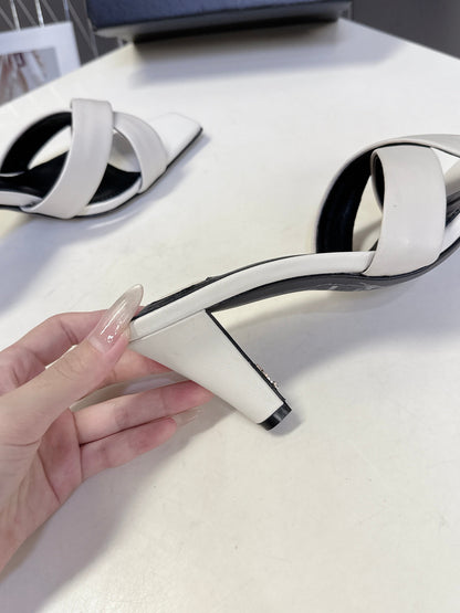 YSL 25S JILL MULES 75MM IN WHITE SMOOTH CALFSKIN