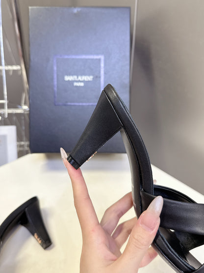 YSL 25S JILL MULES 75MM IN BLACK SMOOTH CALFSKIN