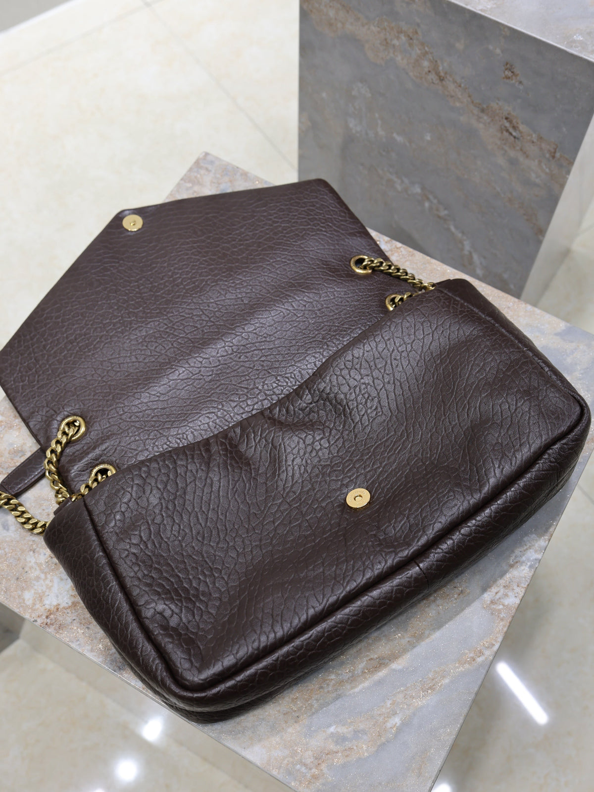 SAINT LAURENT YSL 25S CALYPSO GM 38 IN DARK CHOCOLATE CALFSKIN GOLD HARDWRE