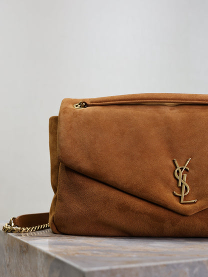 SAINT LAURENT YSL 25S CALYPSO GM 38 IN DARK CARAMEL SUEDE GOLD HARDWARE