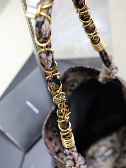 SAINT LAURENT YSL 25S AMALIA 50 IN NAVY MULTICOLOR  SILK TWILL GOLD HARDWARE