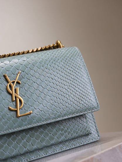 SAINT LAURENT YSL 25S SUNSET MEDIUM 22 IN LIGHT BLUE CROCODILE-EMBOSSED CALFSKIN GOLD HARDWRE