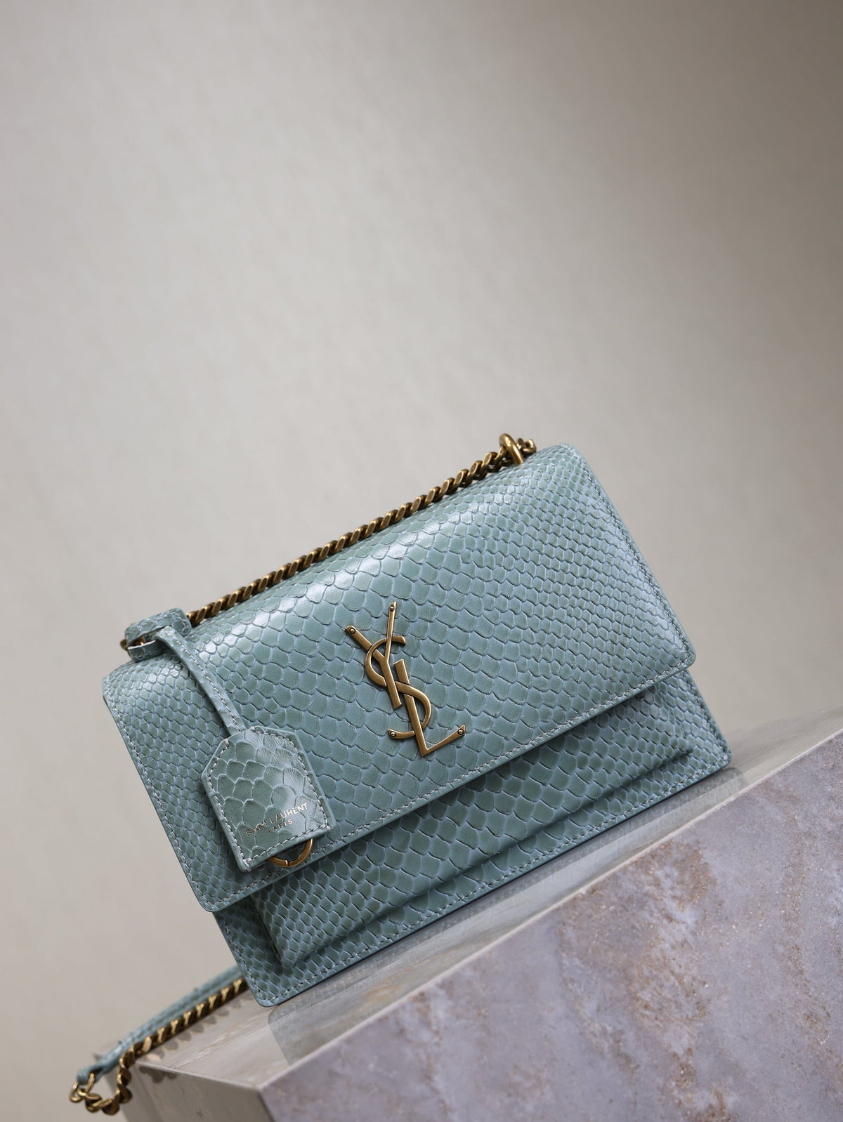 SAINT LAURENT YSL 25S SUNSET MEDIUM 22 IN LIGHT BLUE CROCODILE-EMBOSSED CALFSKIN GOLD HARDWRE