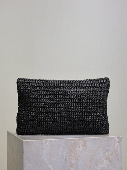 SAINT LAURENT YSL 25S CASSANDRE LARGE ENVELOPE POUCH 29 IN BLACK RAFFIA GOLD HARDWARE