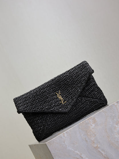 SAINT LAURENT YSL 25S CASSANDRE LARGE ENVELOPE POUCH 29 IN BLACK RAFFIA GOLD HARDWRE