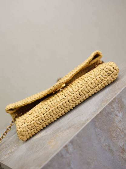 SAINT LAURENT YSL 25S CALYPSO BAG 19 IN NATURAL RAFFIA AND CALFSKIN GOLD HARDWARE
