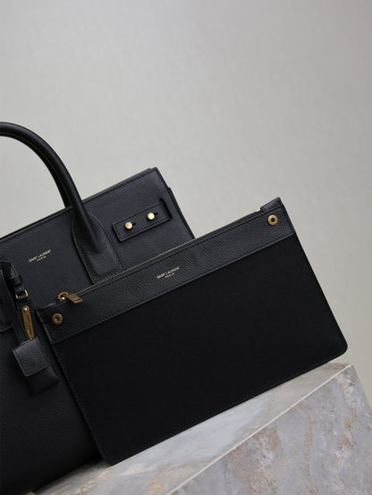 SAINT LAURENT YSL 25S SAC DE JOUR GM 32 IN BLACK SUPPLE GRAINED CALFSKIN GOLD HARDWRE