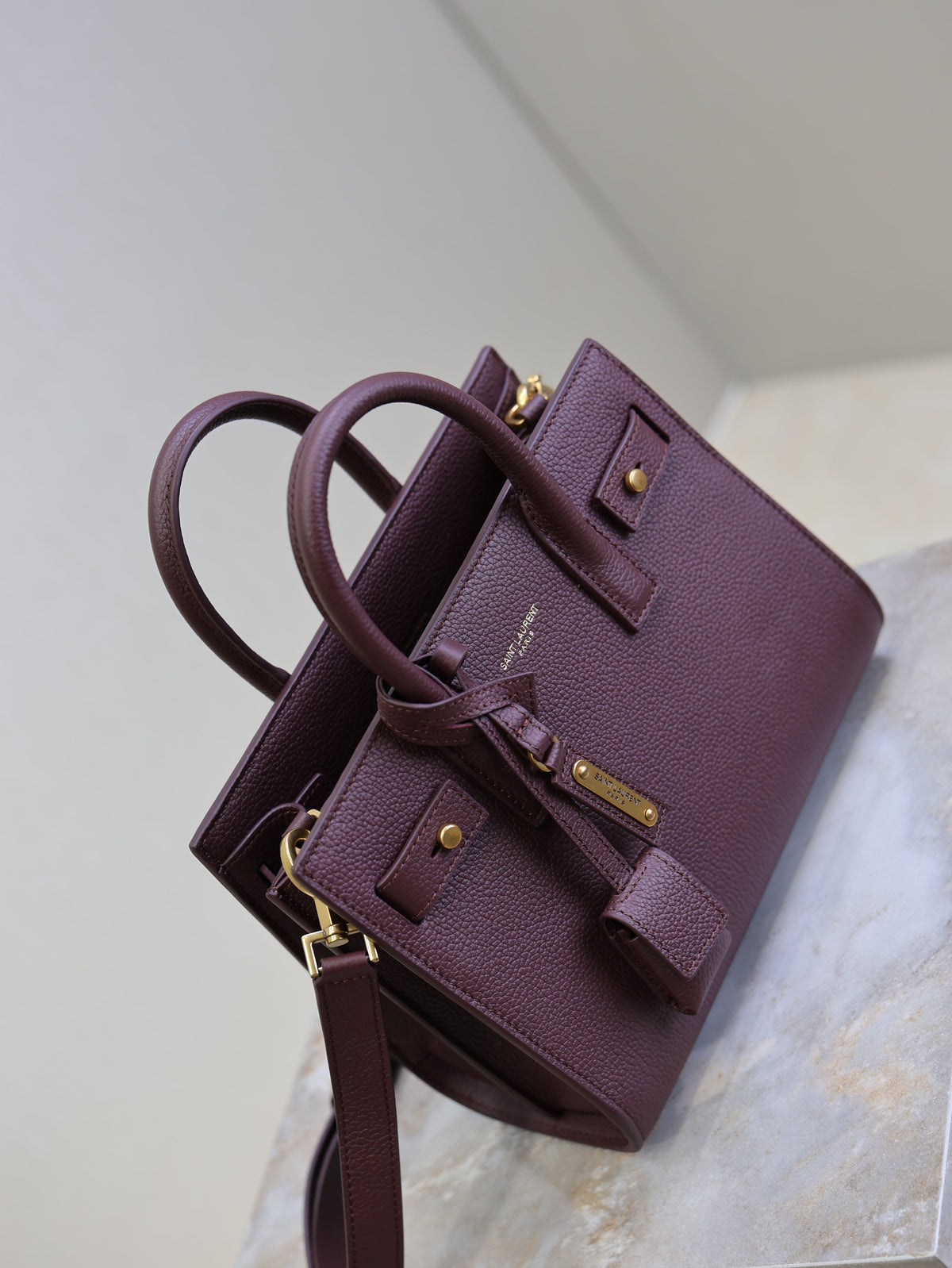SAINT LAURENT YSL 25S SAC DE JOUR 22 IN ROUGE CABERNET SUPPLE GRAINED CALFSKIN