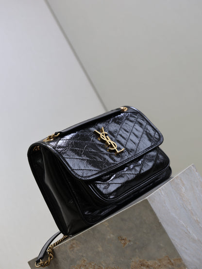 SAINT LAURENT YSL 25S NIKI MM BAG 28 IN BLACK GLOSSY CALFSKIN GOLD HARDWARE
