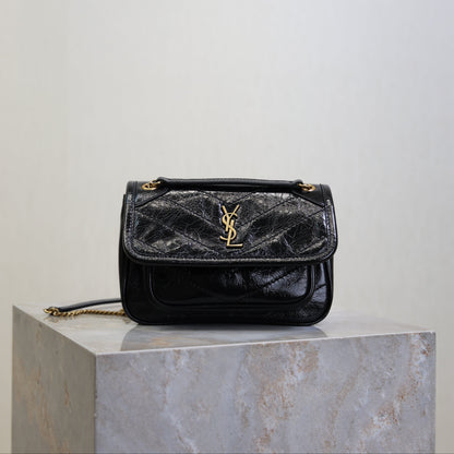 SAINT LAURENT YSL 25S NIKI BAG 18 IN BLACK GLOSSY CALFSKIN GOLD HARDWARE