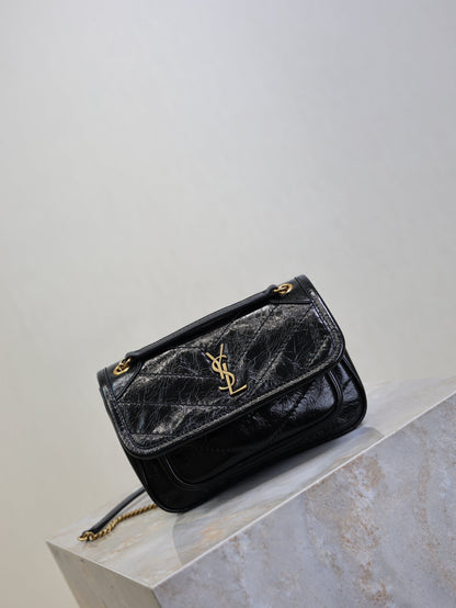 SAINT LAURENT YSL 25S NIKI BAG 18 IN BLACK GLOSSY CALFSKIN GOLD HARDWARE