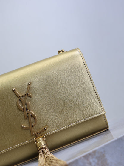SAINT LAURENT YSL 25S KATE TASSEL 20 IN GOLD METALLIC CALFSKIN GOLD HARDWARE