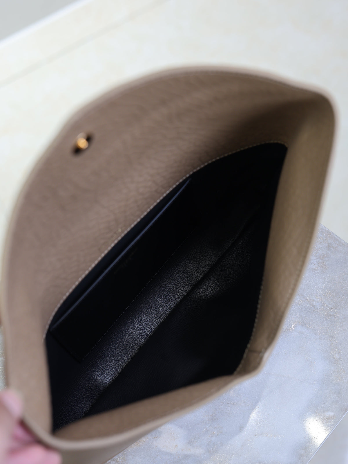 SAINT LAURENT YSL 25S CASSANDRE LARGE ENVELOPE POUCH 29 IN DARK TAUPE CALFSKIN GOLD HARDWARE