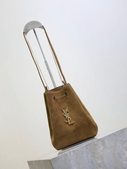 SAINT LAURENT YSL 25S POCHON BAG 24 IN CARAMEL COGNAC SUEDE GOLD HARDWRE