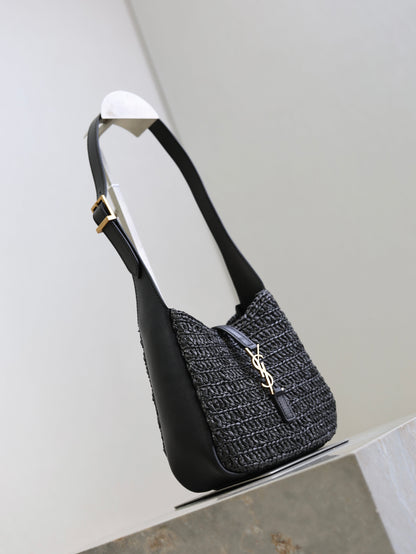 SAINT LAURENT YSL 25S LE 5 À 7 SUPPLE SMALL 16 IN BLACK RAFFIA AND LEATHER GOLD HARDWARE