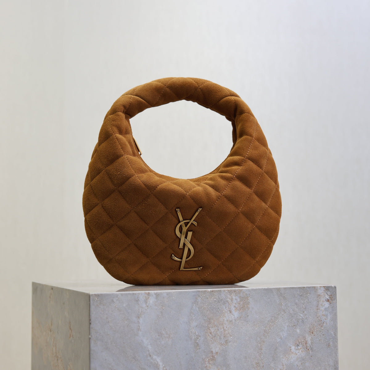 SAINT LAURENT YSL 25S ICARINO MINI 17 IN CARAMEL QUILTED SUEDE GOLD HARDWARE
