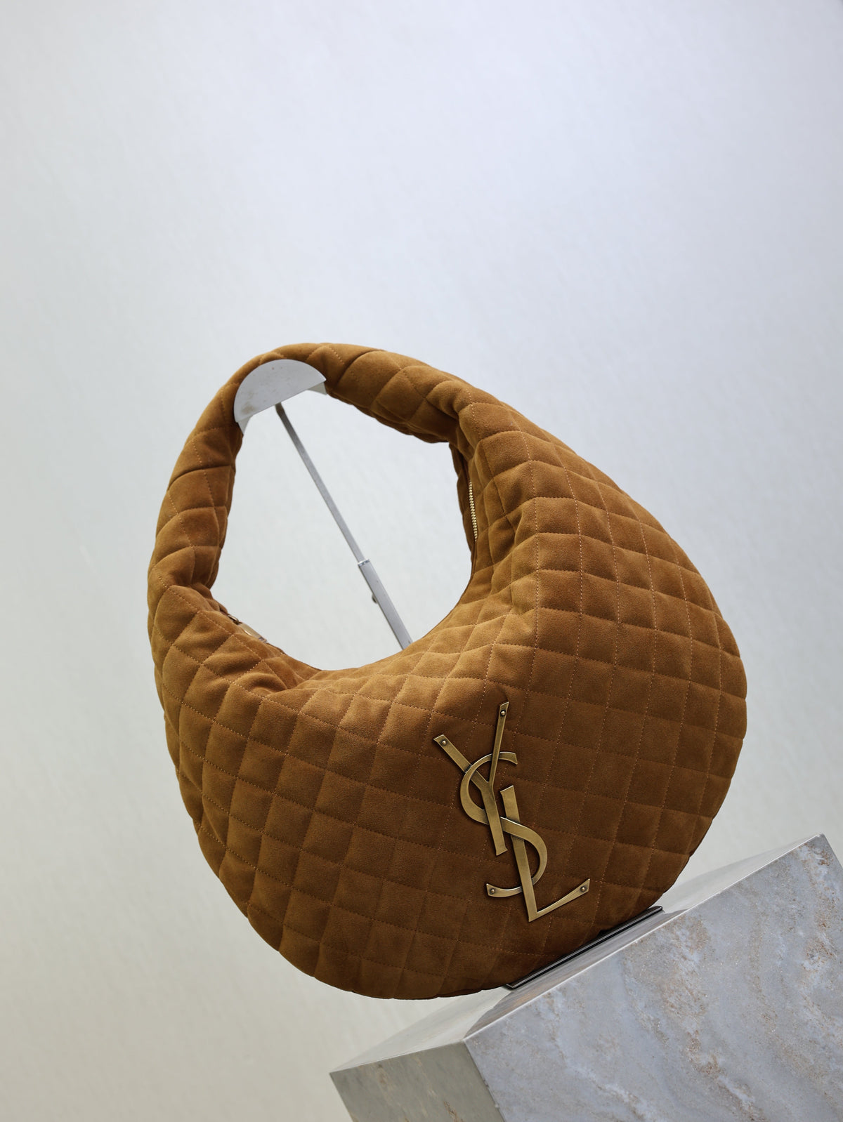 SAINT LAURENT YSL 25S ICARINO 44 IN CARAMEL QUILTED SUEDE GOLD HARDWRE