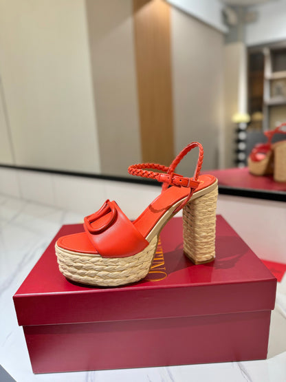 VLTN ESPADRILLE WEDGE SANDALS 25S 115 MM IN ORANGE LAMBSKIN