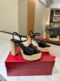 VLTN ESPADRILLE WEDGE SANDALS 25S 115 MM IN BLACK LAMBSKIN