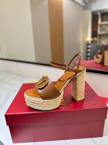 VLTN ESPADRILLE WEDGE SANDALS 25S 115 MM IN BROWN LAMBSKIN WITH GOLD HARDWARE