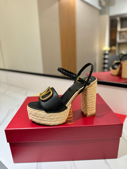 VLTN ESPADRILLE WEDGE SANDALS 25S 115 MM IN BLACK LAMBSKIN WITH GOLD HARDWARE