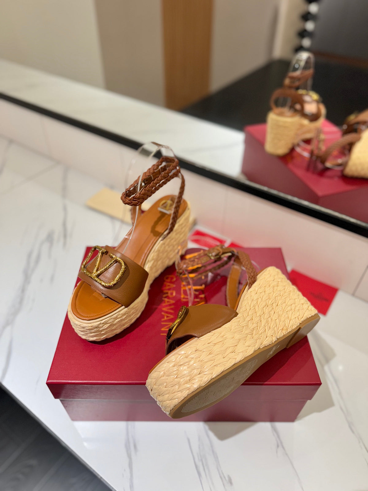 VLTN ESPADRILLE WEDGE SANDALS 25S 90 MM IN BROWN LAMBSKIN STYLE 4