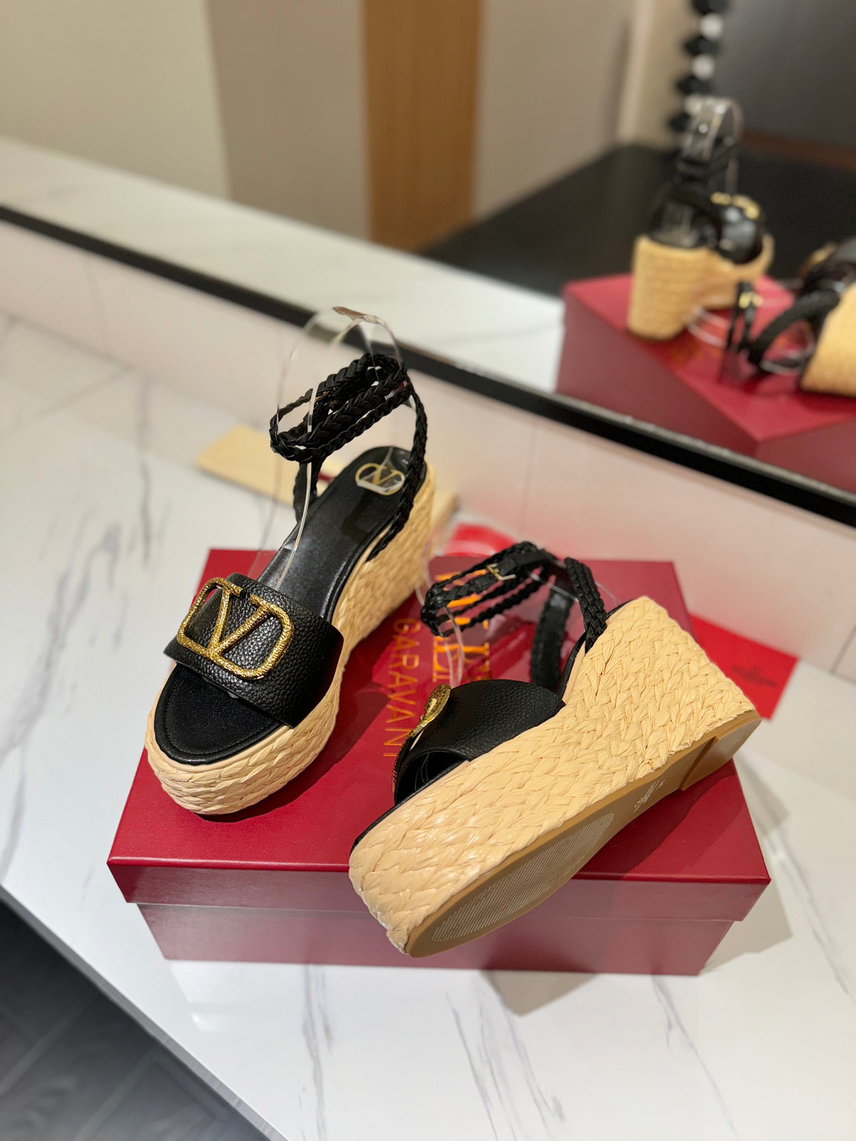 VLTN ESPADRILLE WEDGE SANDALS 25S 90 MM IN BLACK LAMBSKIN STYLE 2