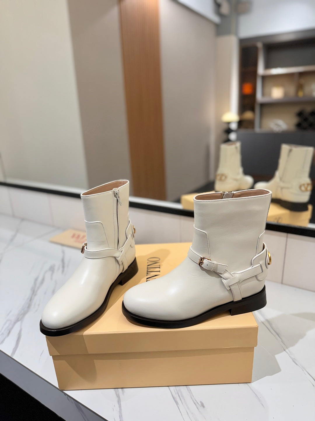 VALENTINO 25S PATTIE ANKLE BOOTS IN WHITE CALFSKIN WITH GOLD HARDWARE