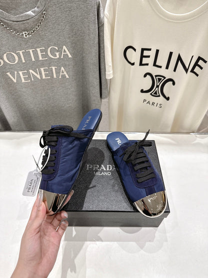PRADA 25S MULES IN RK BLUE WITH METAL TOECAP