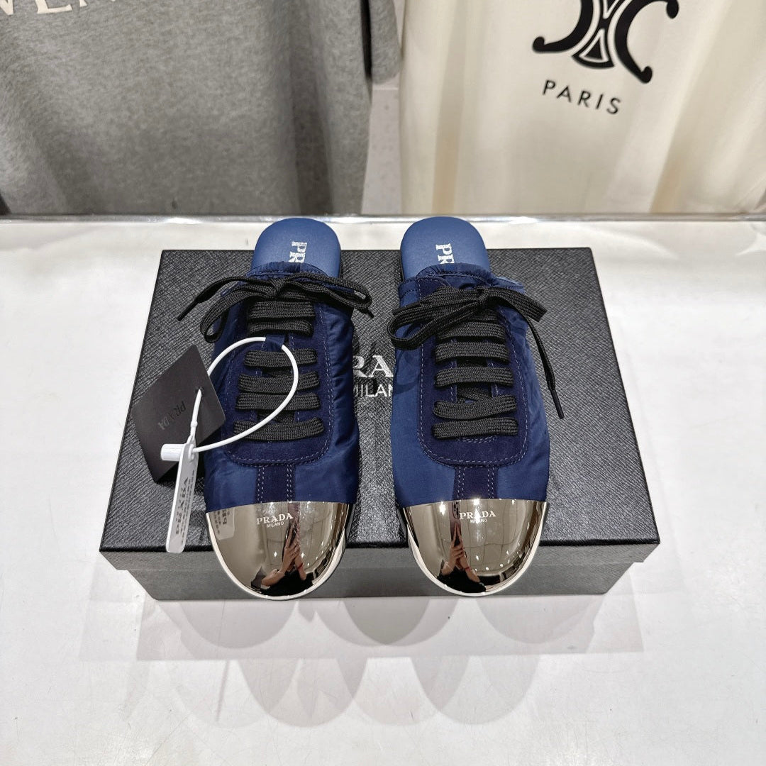PRADA 25S MULES IN RK BLUE WITH METAL TOECAP