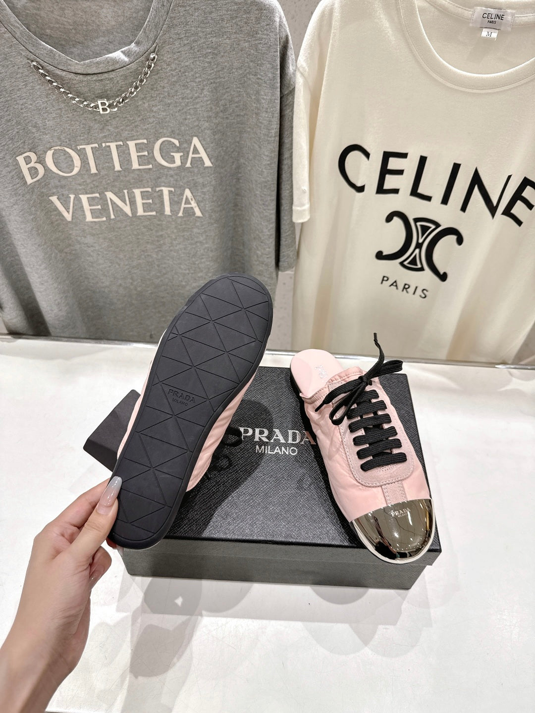 PRADA 25S MULES IN LIGHT PINK WITH METAL TOECAP