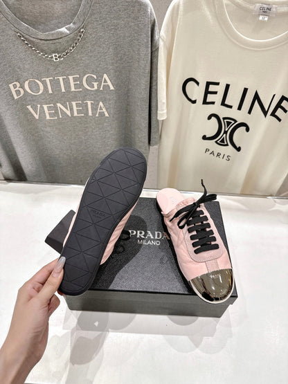 PRADA 25S MULES IN LIGHT PINK WITH METAL TOECAP