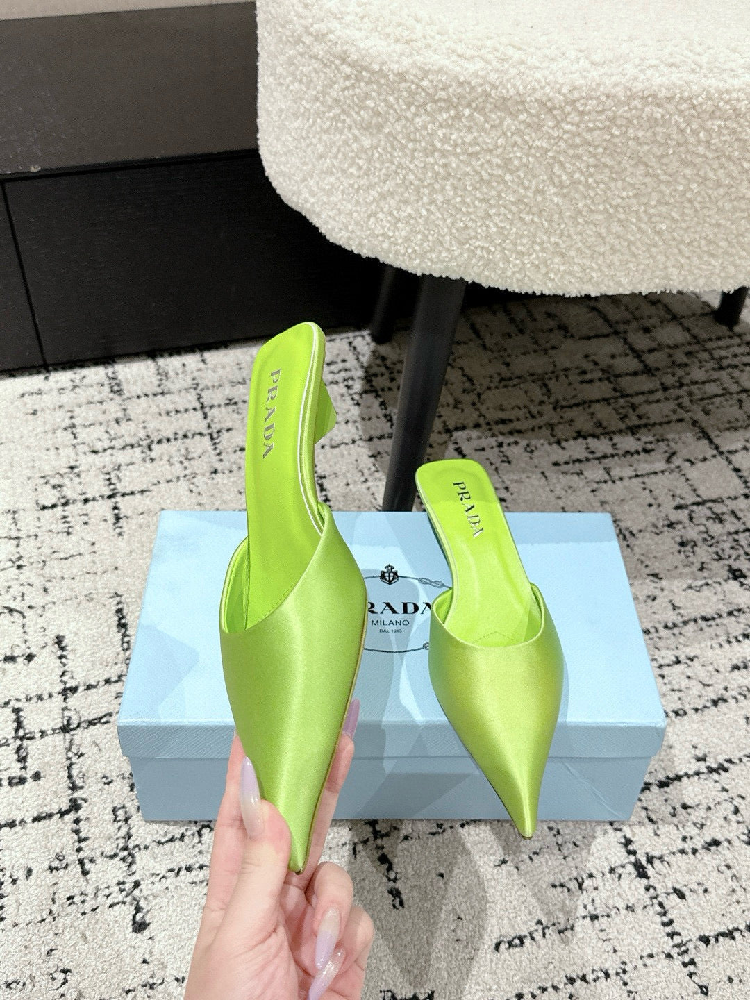 PRADA 25S POINTED-TOE MULES IN LIME GREEN SATIN