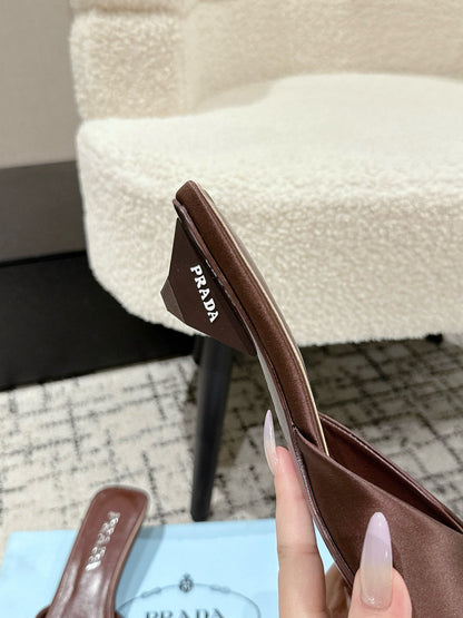 PRADA 25S POINTED-TOE MULES IN RK BROWN SATIN
