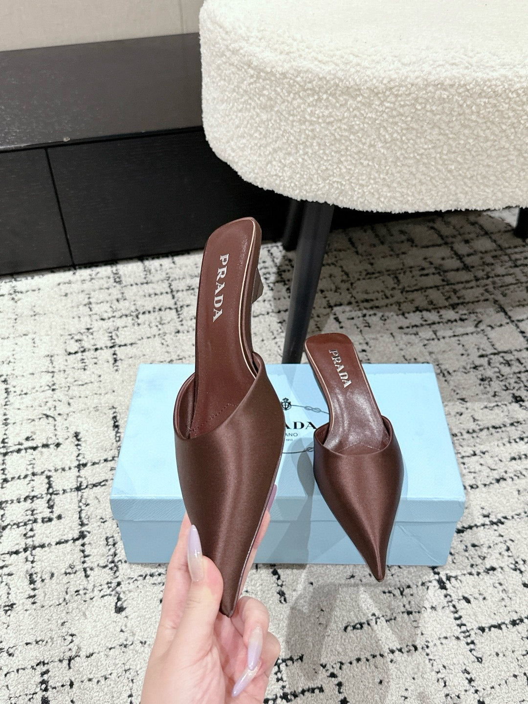 PRADA 25S POINTED-TOE MULES IN RK BROWN SATIN