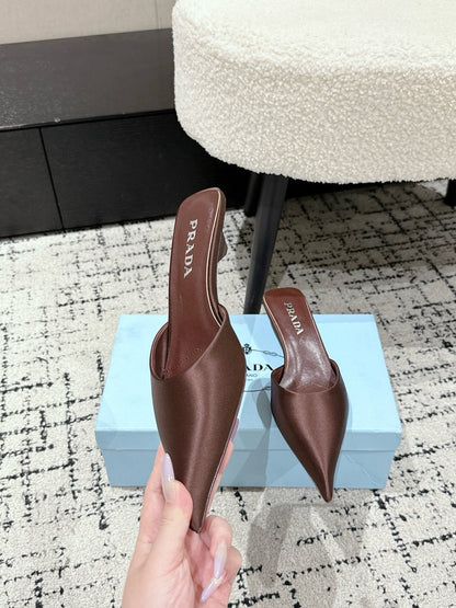 PRADA 25S POINTED-TOE MULES IN RK BROWN SATIN