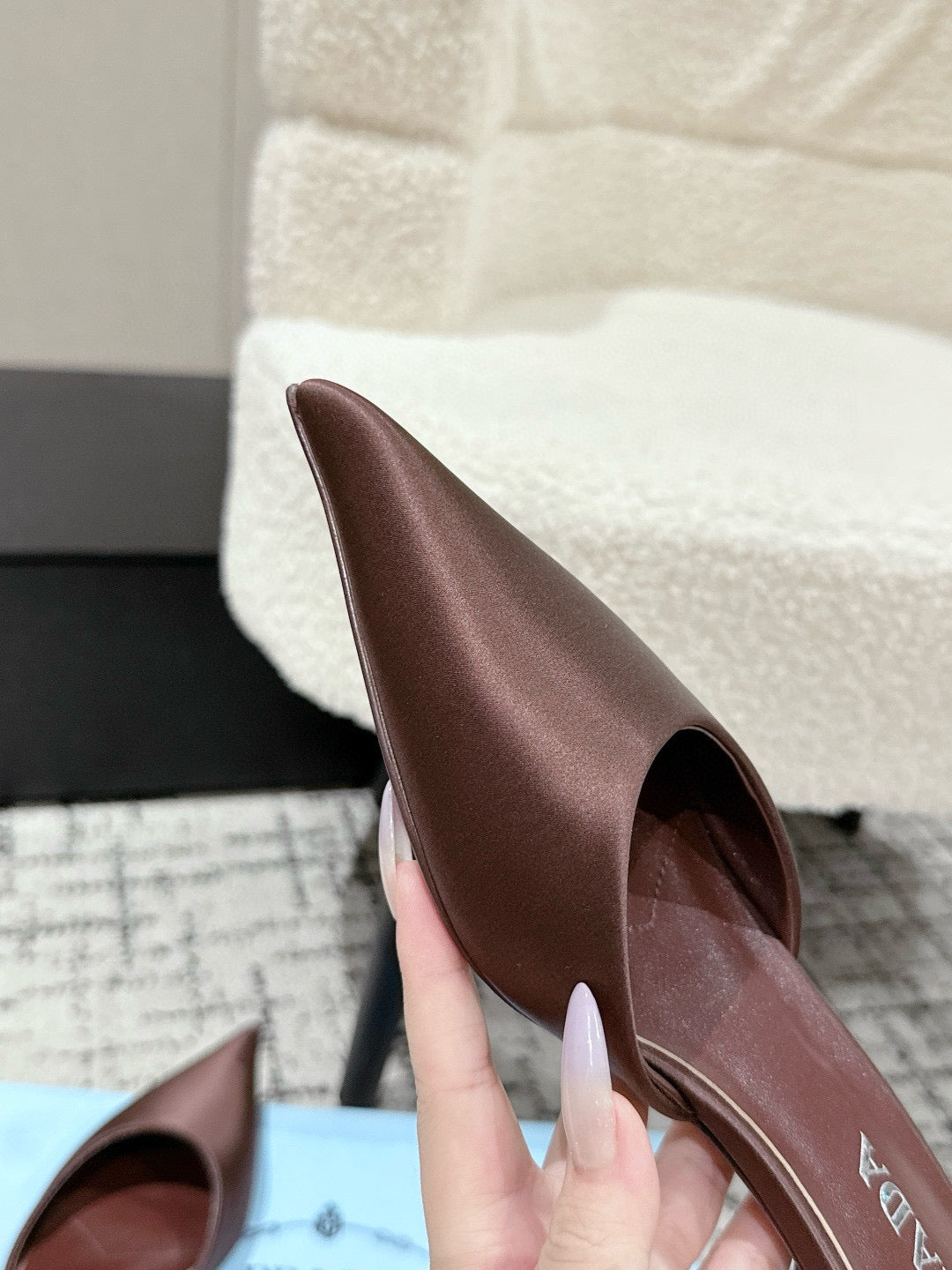 PRADA 25S POINTED-TOE MULES IN RK BROWN SATIN