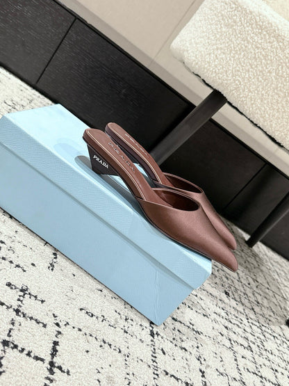 PRADA 25S POINTED-TOE MULES IN RK BROWN SATIN