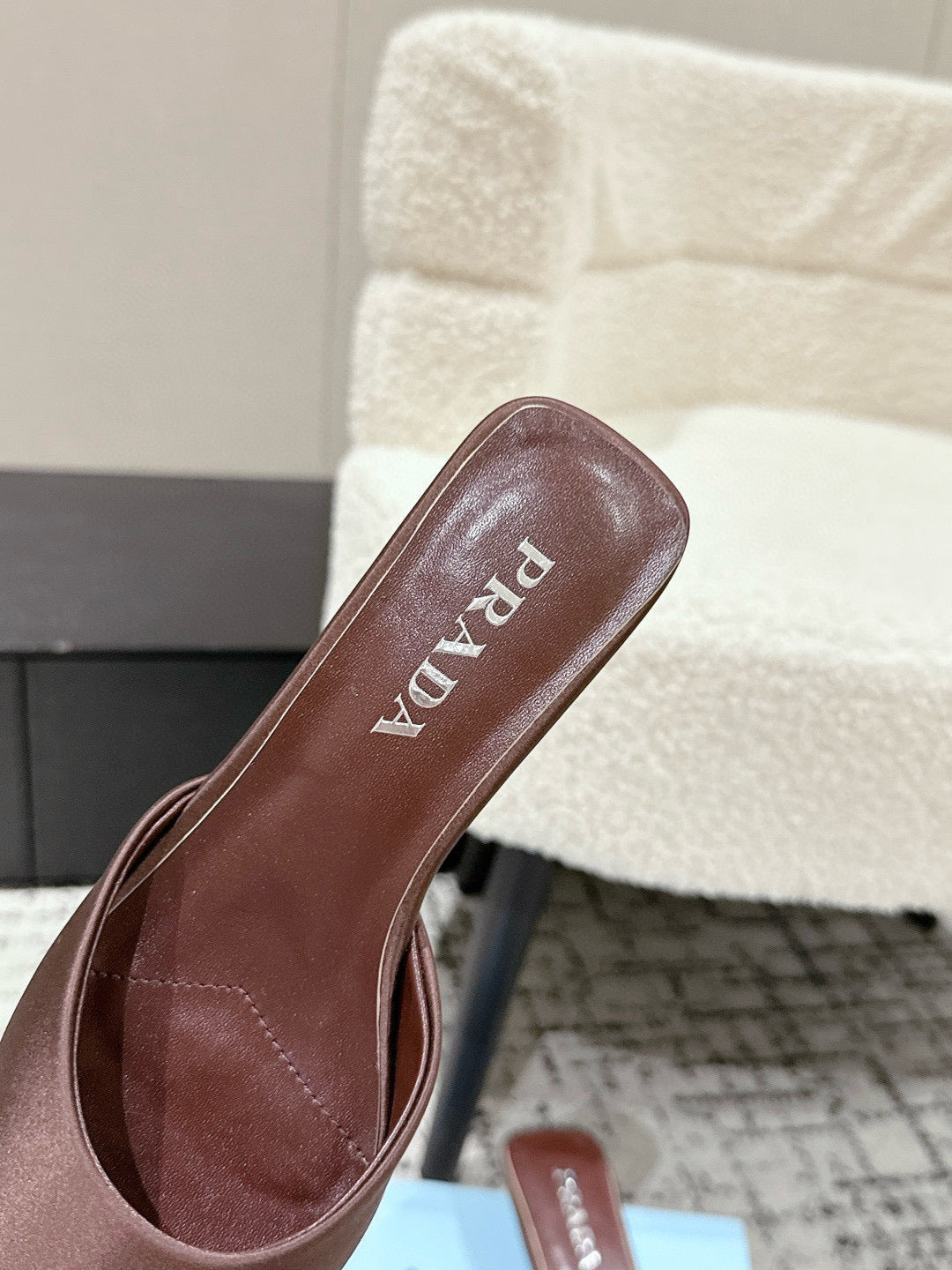 PRADA 25S POINTED-TOE MULES IN RK BROWN SATIN
