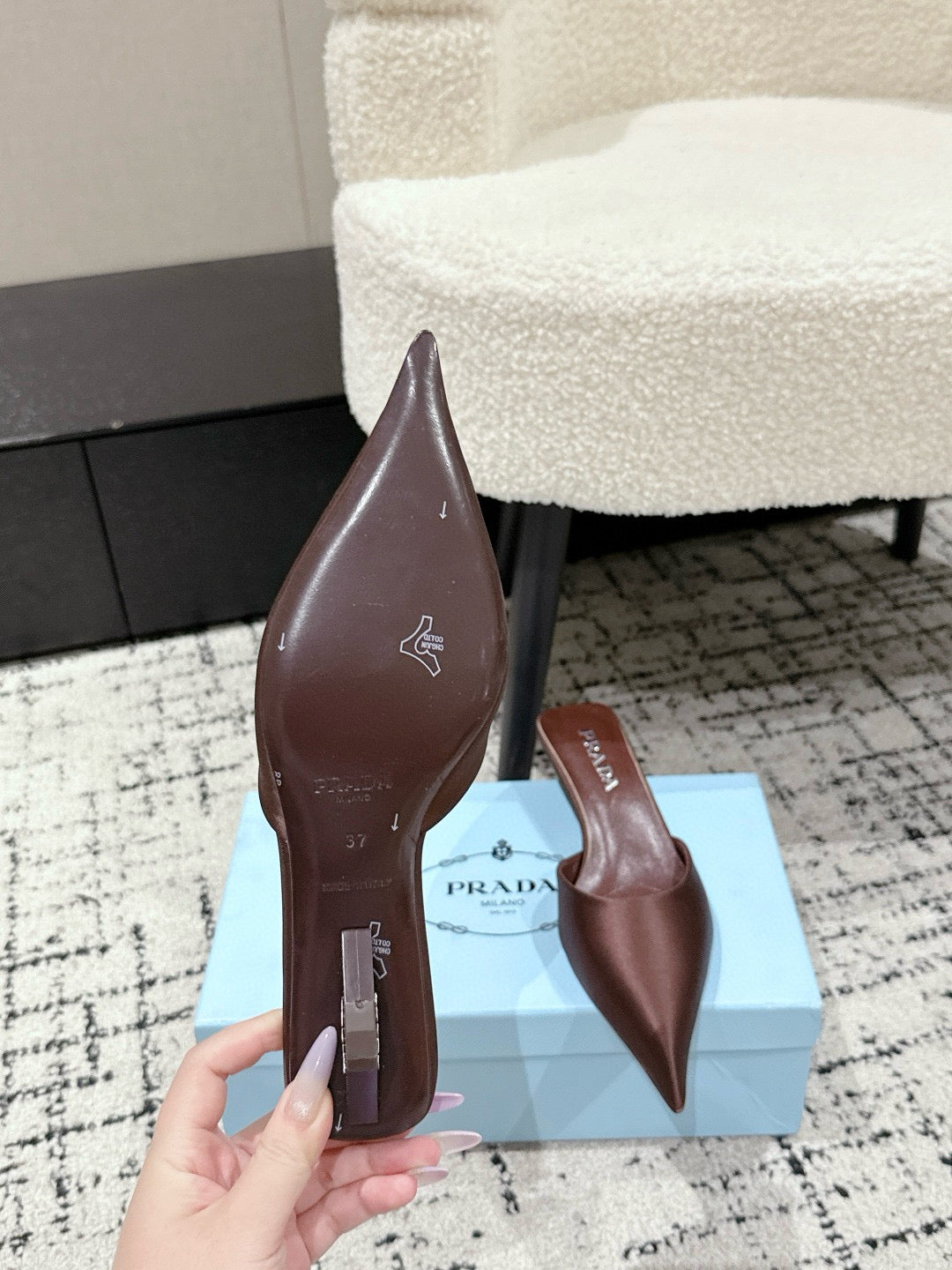 PRADA 25S POINTED-TOE MULES IN RK BROWN SATIN