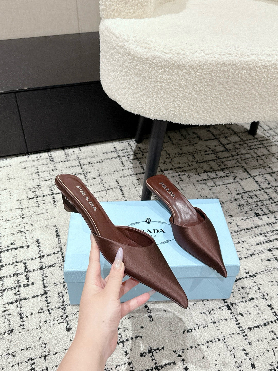 PRADA 25S POINTED-TOE MULES IN RK BROWN SATIN