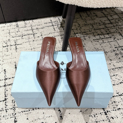 PRADA 25S POINTED-TOE MULES IN RK BROWN SATIN