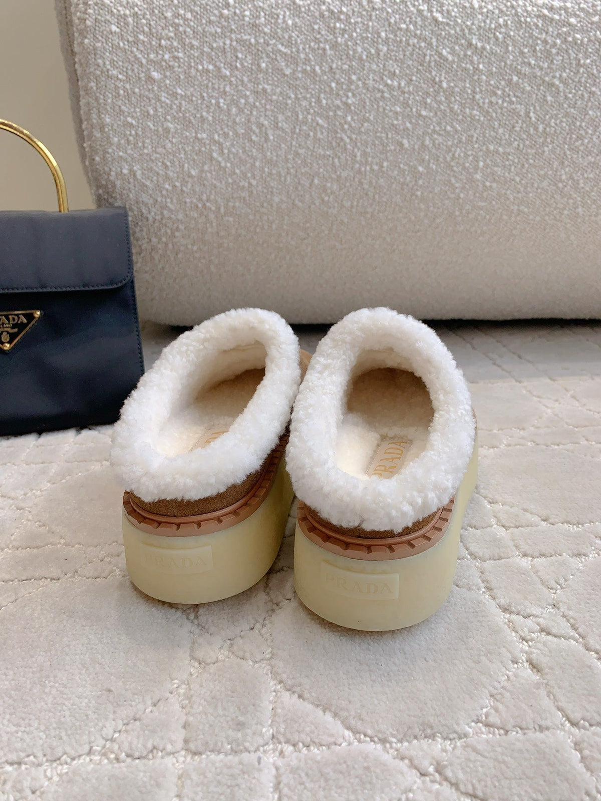 PRADA MULES SHEARLING LINING IN TAN SUEDE