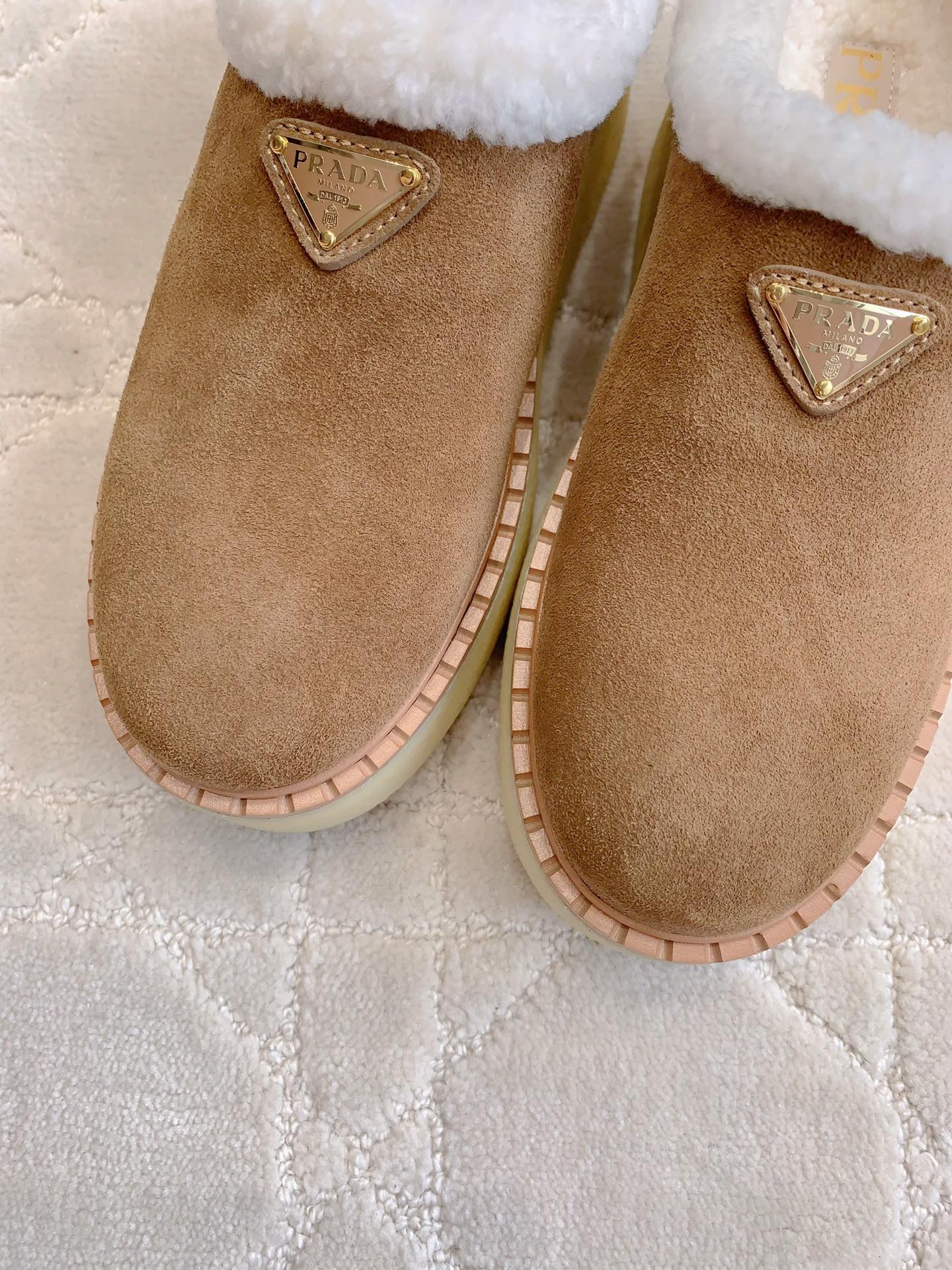 PRADA MULES SHEARLING LINING IN TAN SUEDE