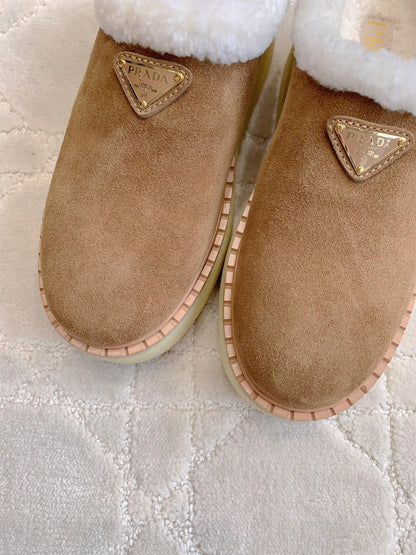 PRADA MULES SHEARLING LINING IN TAN SUEDE