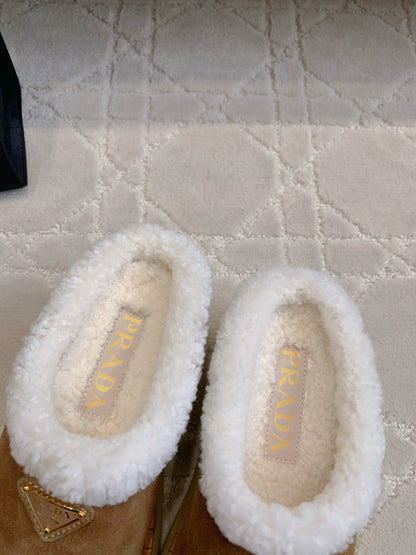 PRADA MULES SHEARLING LINING IN TAN SUEDE