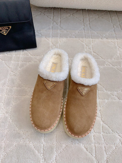 PRADA MULES SHEARLING LINING IN TAN SUEDE