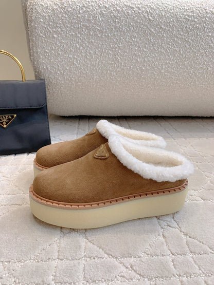 PRADA MULES SHEARLING LINING IN TAN SUEDE