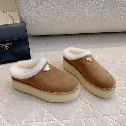 PRADA MULES SHEARLING LINING IN TAN SUEDE
